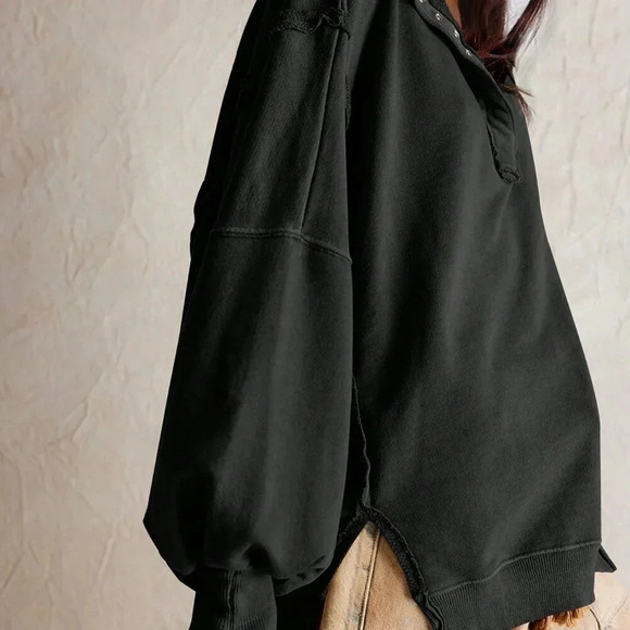 Black Casual Women's Split Lantern Sleeve Polo Collar Sweatshirt - Picture 3 of 3